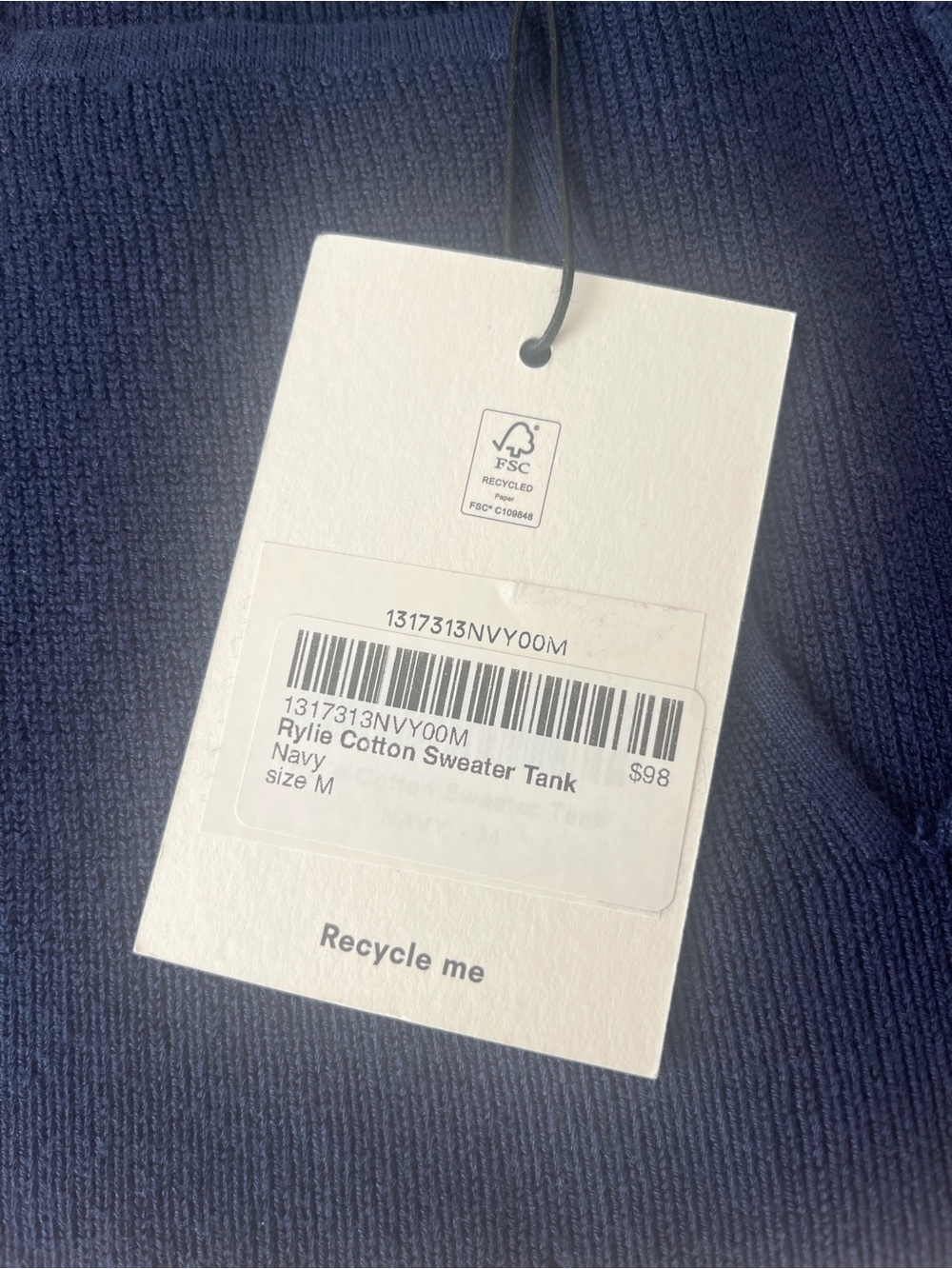 Reformation Rylie Navy Square-Neck Ribbed Tank Top BNWT - Picture 2 of 6